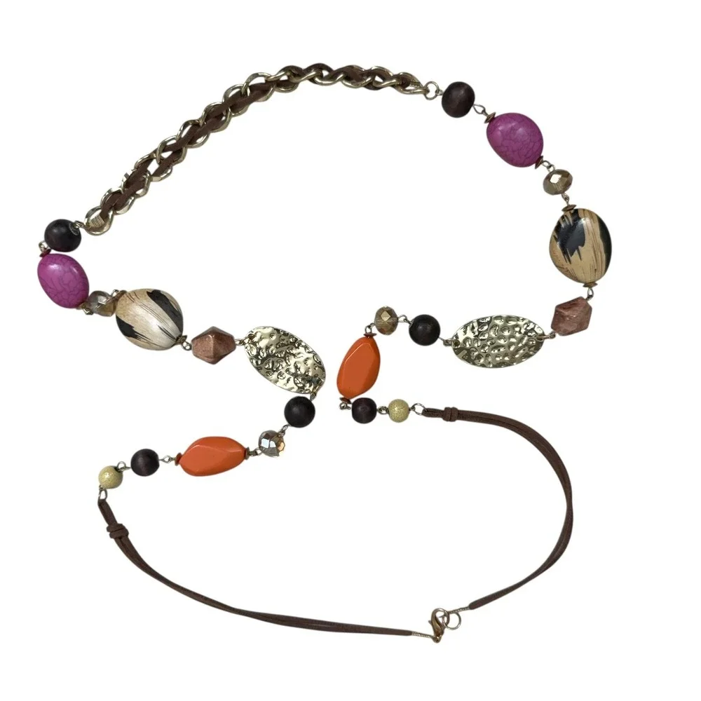 Beaded Statement Necklace Long Faux Suede Colorful Bohemian Fashion Jewelry 42in